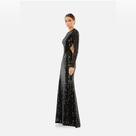 Mac Duggal Black Sequin Open Back Long Sleeve Dress - Picture 1 of 8